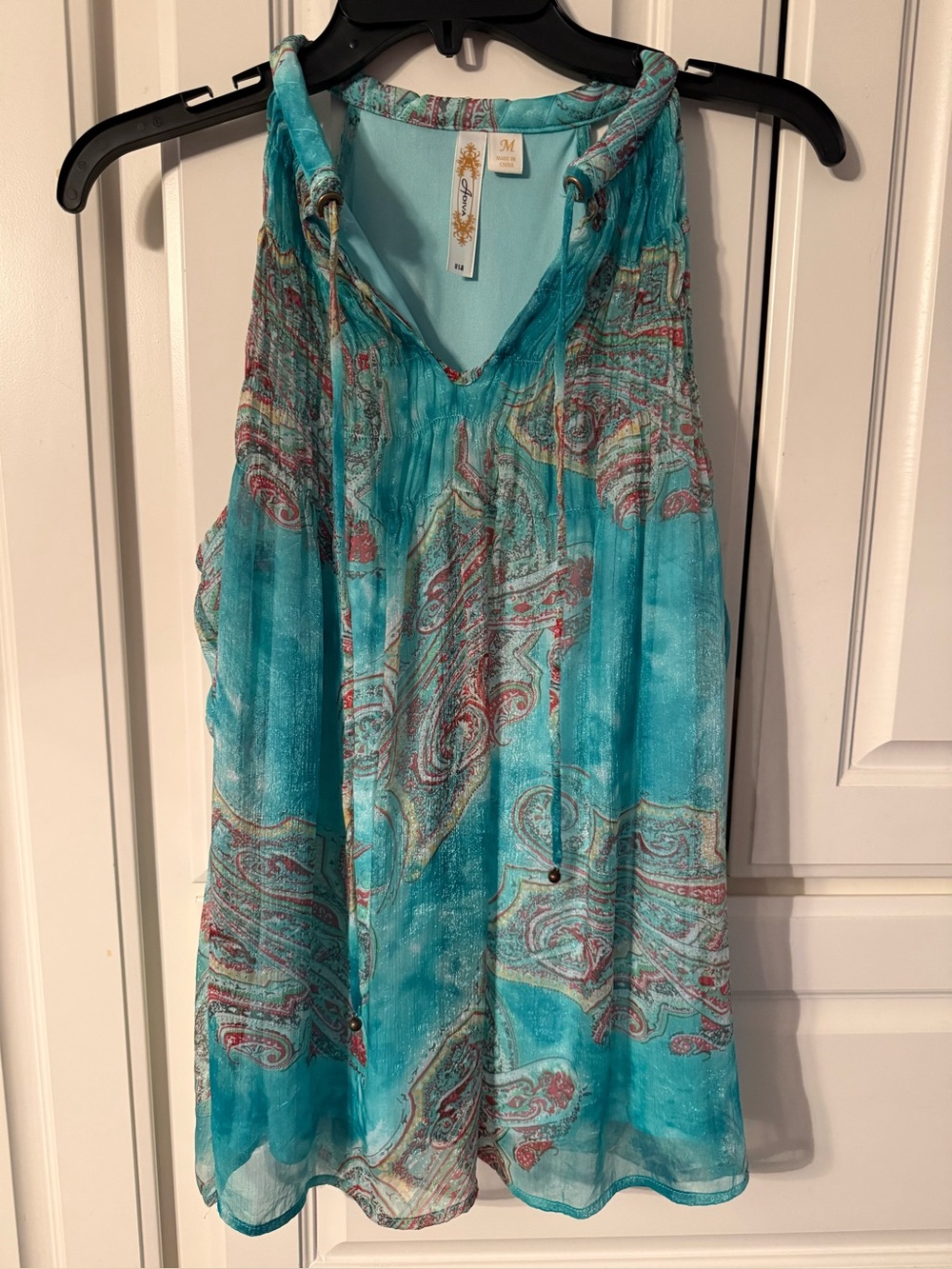 Lightweight Turquoise Paisley Sleeveless Blouse - Casual Women's Top M Aoiva